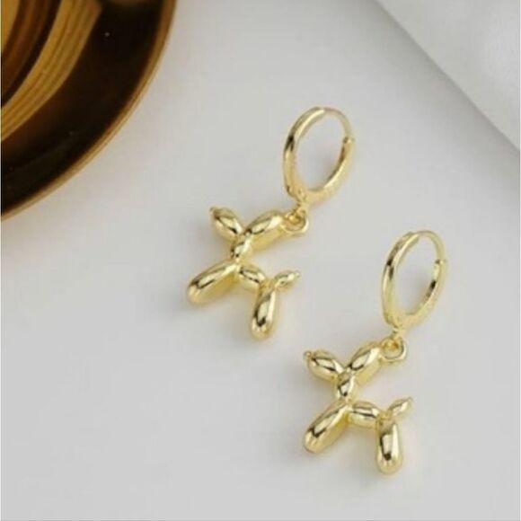 Balloon Dog Huggy Hoop Earrings in Gold Tone or Silver Tone - Picture 1 of 9